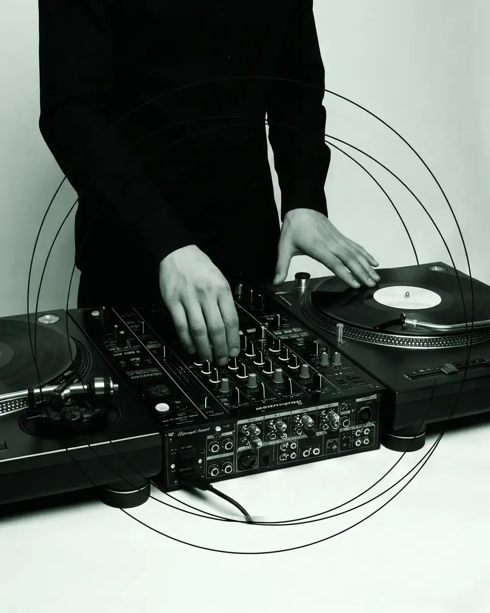 Close-up of a DJ working two turntables and a mixer