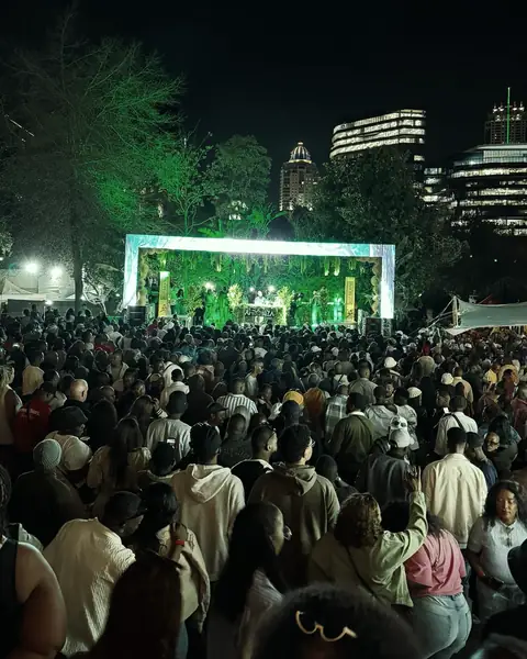 Large crowd at night in front of the green-lit Afrobiza Music Festival stage with the Sandton skyline behind